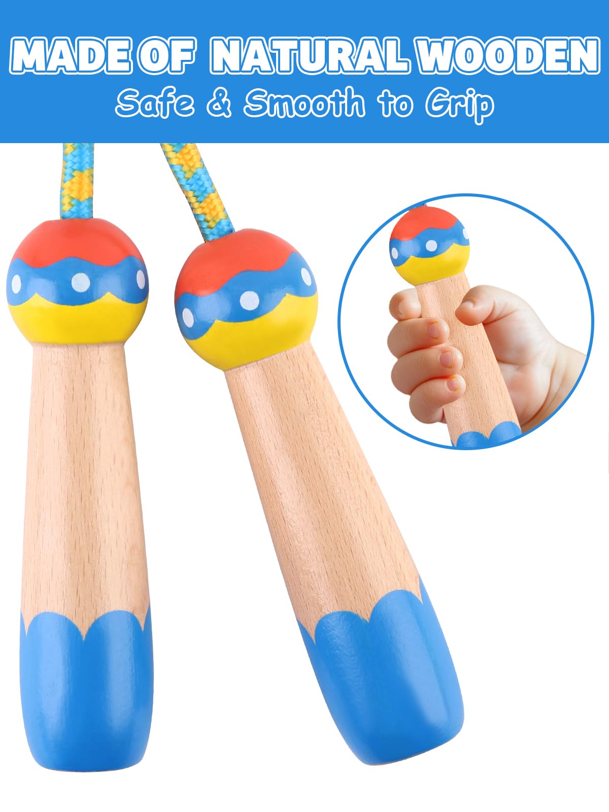 Lorvain Jump Rope for Kids, 9.2FT Adjustable Cotton Skipping Rope with Wooden Handle for Girls and Boys Fitness Workout Exercise Outdoor Activity