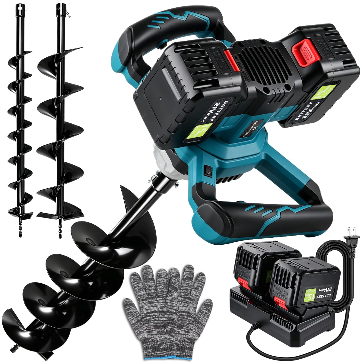 Auger Post Hole Digger,Post Hole Auger,Electric Earth Auger,Includes 2 Drill bit.Two Batteries and Dual-Port Fast Charger,Forward/Reverse Function,for Post Hole Digging,Drilling,Tree Planting