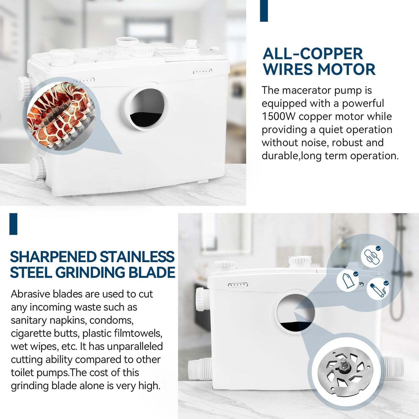 1500W Macerator Pump with Grinding Blade Toilet Pump Utility Sink Pump Upflush to 32.8FT 2800GPH Macerating Toilet System with 4 Water Inlets 2 Outlets for Toilet Sink Shower Laundry Kitchen Basement