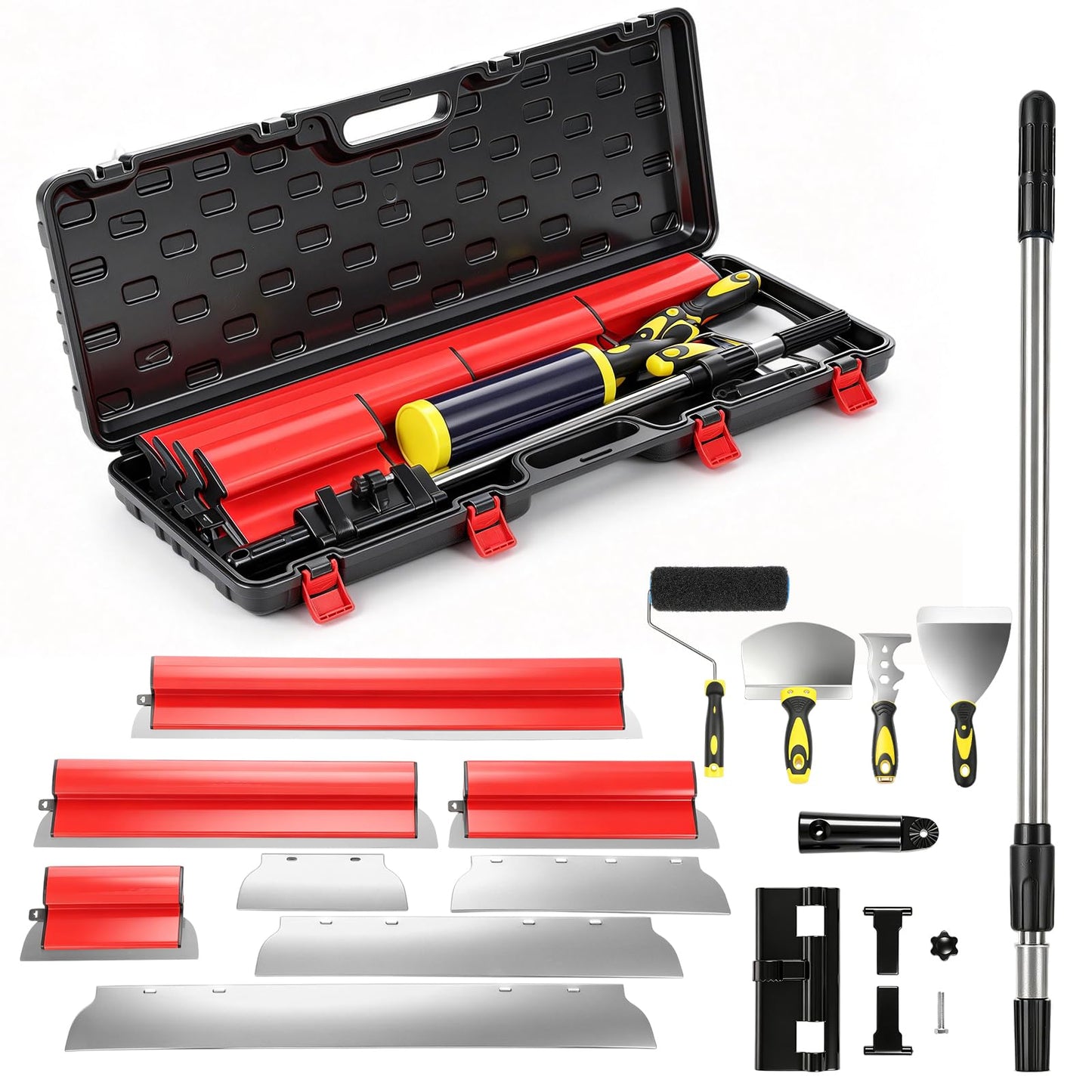 Drywall Skimming Blade Set with Portable Case, 10”+16”+24”+32” Skimming Blades, 9” Drywall Compound Rollers, 32-51inch Extension Handle Taping Knife Arc Scraper Tools for Drywall/Plaster/Wallboard