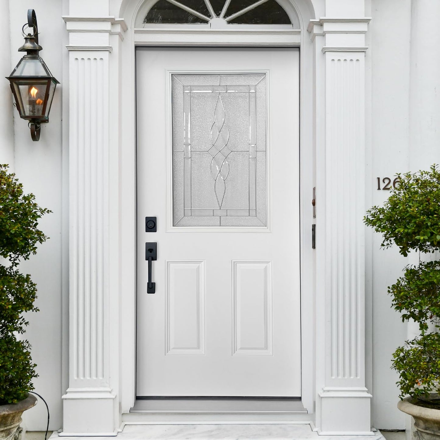 36x80 Fiberglass Prehung Exterior Door, Half Lite 2-Panel Frosted Glass Front Entry Door with Brickmould, White Primed (Right Hand Inswing)