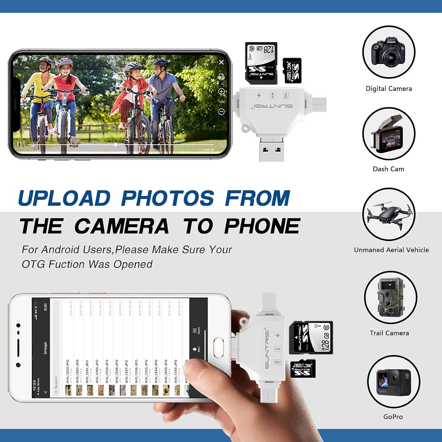 SUNTRSI 4 1 SD/Micro SD Card Reader for iPhone/ipad/Android/Mac/Computer/Camera,Portable Memory Card Reader in Micro SD