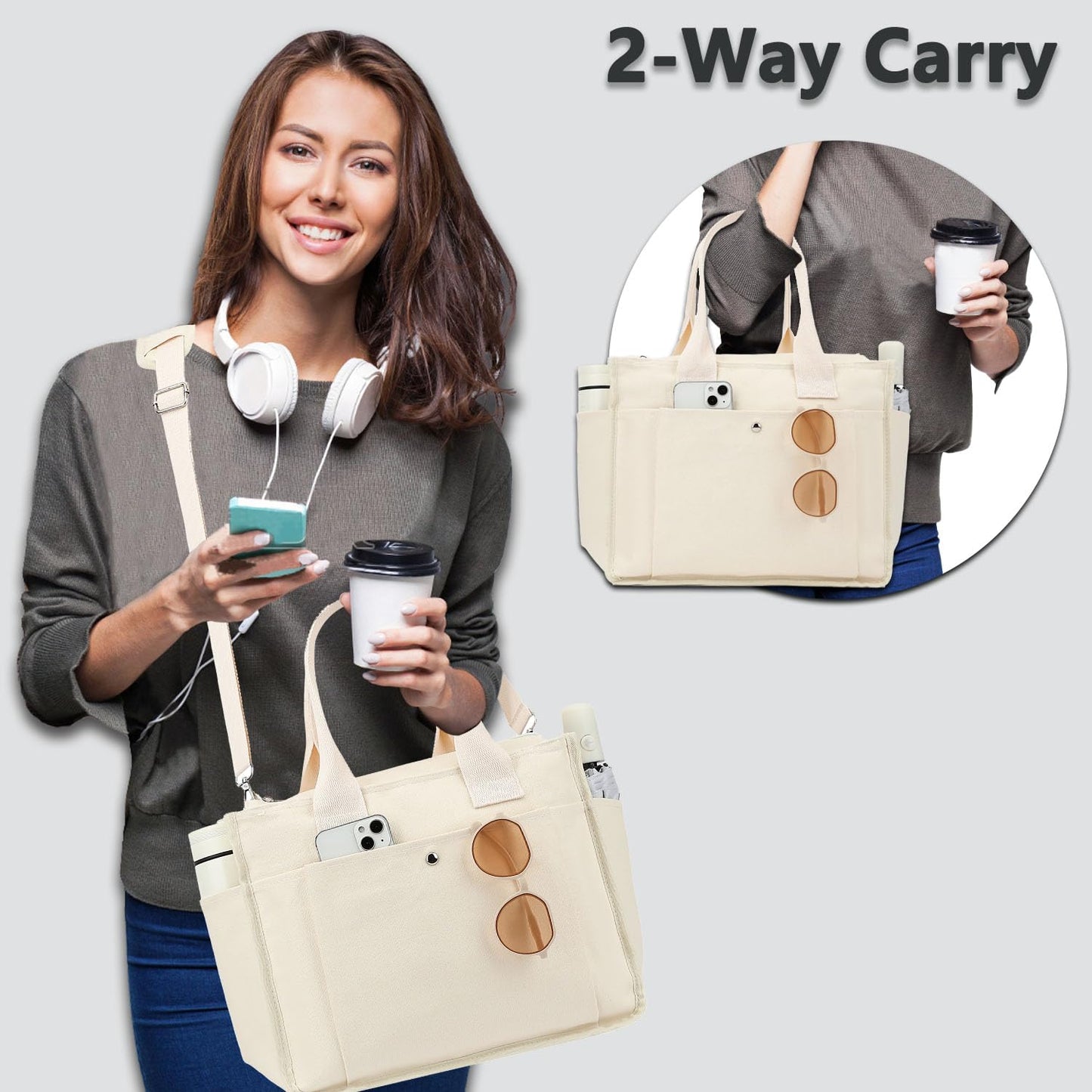 Fammart Large Canvas Tote Bag for Women with Zipper & Compartments, Crossbody Laptop Bags for Work College Travel