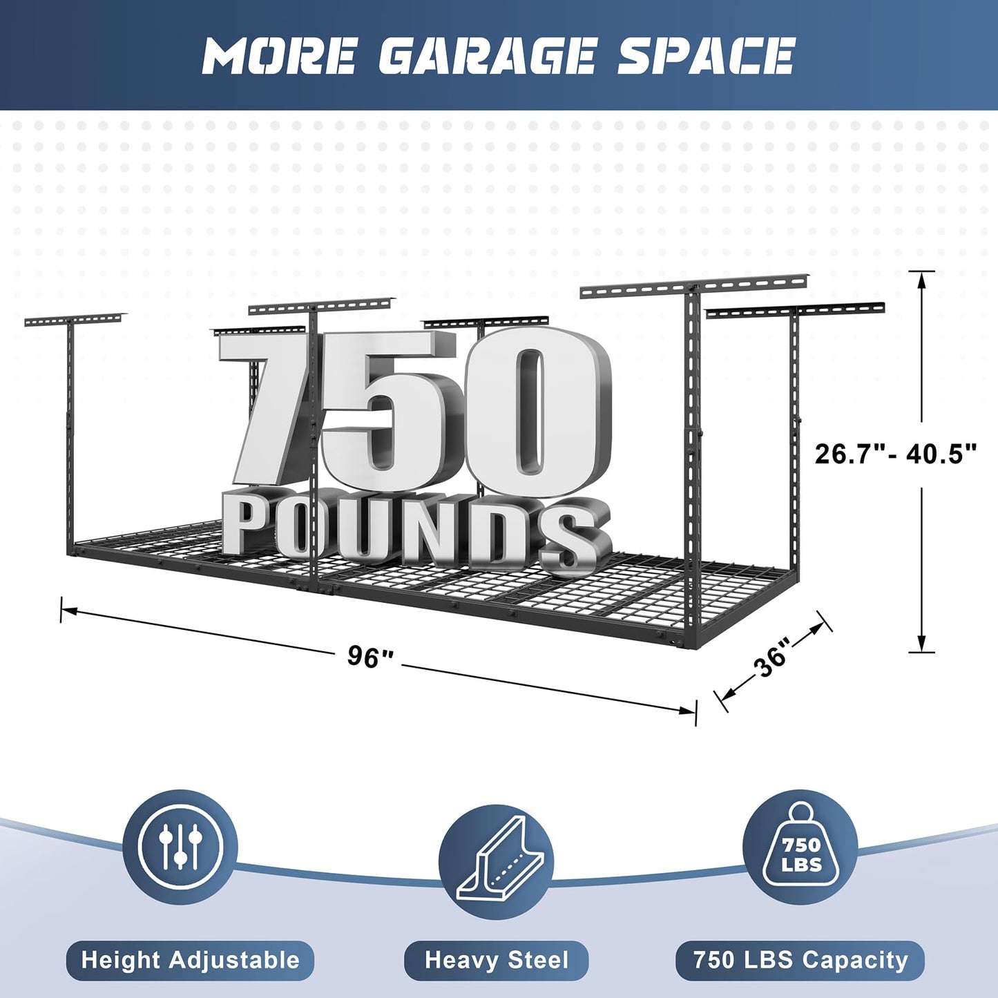 Jusgym 3X8FT Overhead Garage Storage Rack, 26"-40" Height Adjustable Garage Ceiling Storage Racks, Heavy Duty Metal Overhead Storage Organizer System, 750LBS Weight Capacity