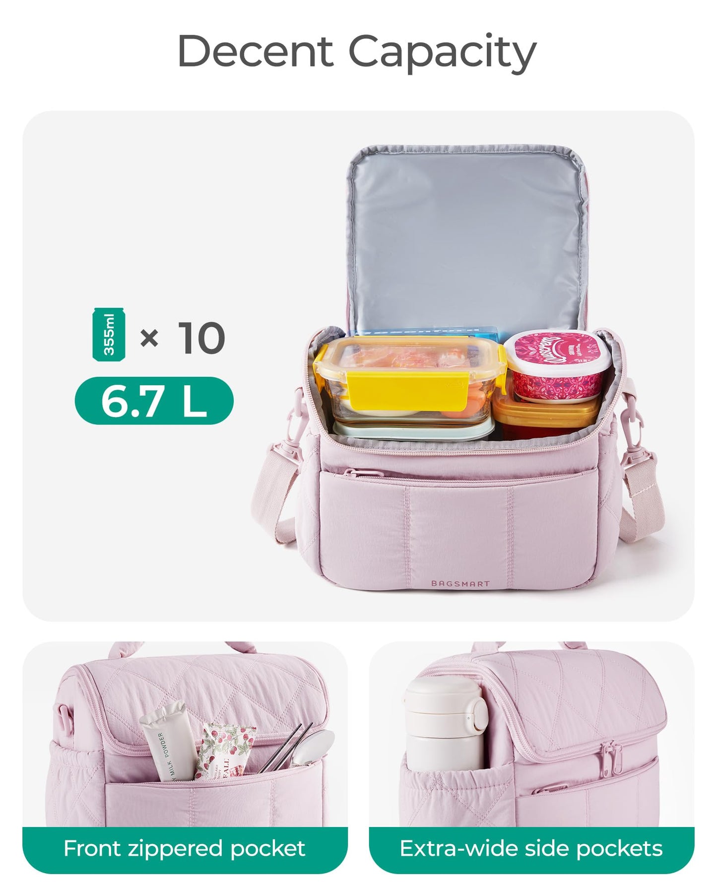 BAGSMART Insulated Lunch Bags for Women, Cute Quilted Lunch Box, Lightweight Puffy Padded Waterproof Lunch Tote, Reusable Lunch Cooler for Work Picnic Travel, Pink
