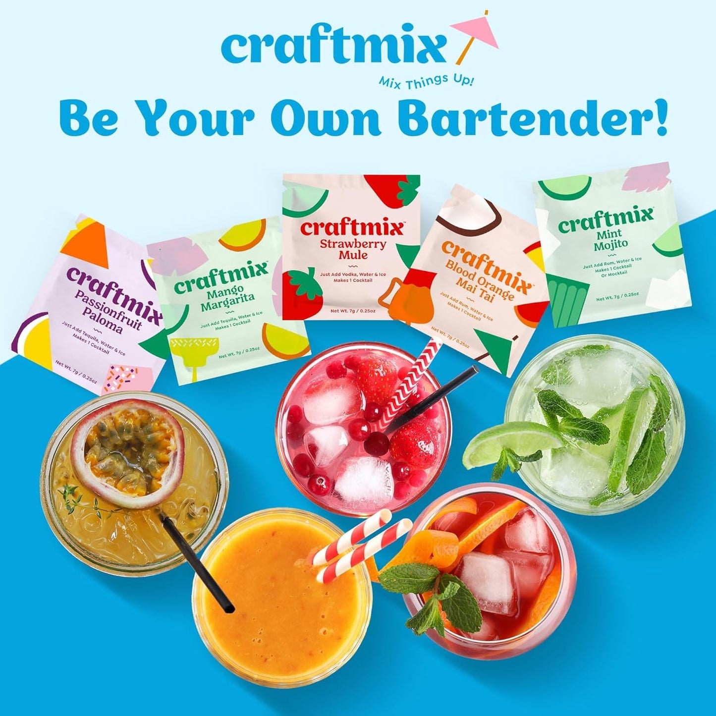 Craftmix Variety Pack Cocktail & Mocktail Drink Mixer, Skinny Mixes - Water Flavoring Packets - Made With Real Fruit - Vegan Low-Carb, Low-Sugar, Non-GMO, Dairy Free, Gluten Free, 24 Pack