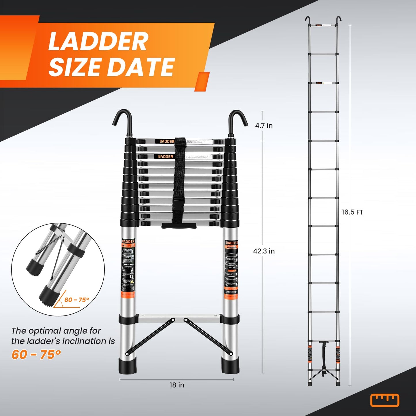 Telescoping Ladder, 16.5 FT Extension Ladder w/Hooks, Heavy Duty 330lbs Max Capacity, Collapsible Telescopic Ladder for Rv, Roof, Outdoor
