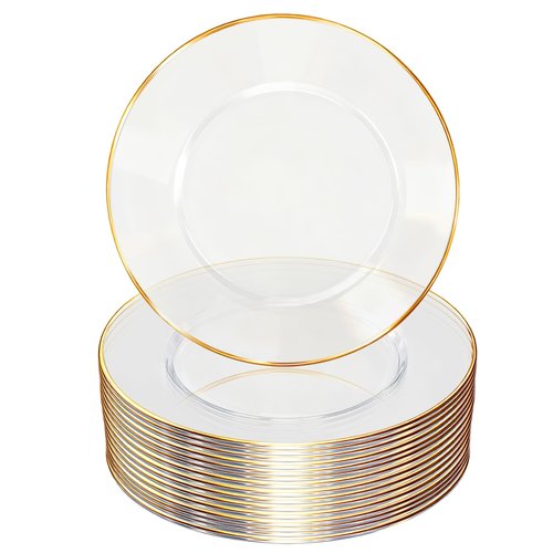 HOME BREEZE 13 Inch Charger Plates, 16 Pack, Clear Charger Plates with Gold Rim, Heavy Duty Disposable Plastic Chargers for Dinner, Elegant Dining, Wedding, Party, Formal Event Decoration (16, Gold)