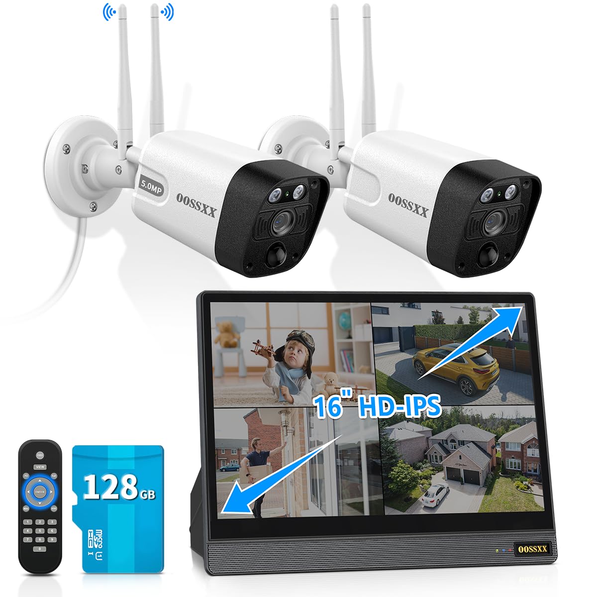 (2026 Updated) 5MP WiFi Security Camera System, 10CH NVR with 16" IPS Monitor, 2 Dual-Antenna Outdoor Cameras, Dual-Band 2.4/5.8GHz, 2-Way Audio, IP66 Waterproof, Free App, 128GB TF Card