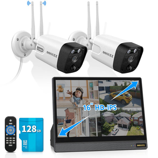 (2026 Updated) 5MP WiFi Security Camera System, 10CH NVR with 16" IPS Monitor, 2 Dual-Antenna Outdoor Cameras, Dual-Band 2.4/5.8GHz, 2-Way Audio, IP66 Waterproof, Free App, 128GB TF Card