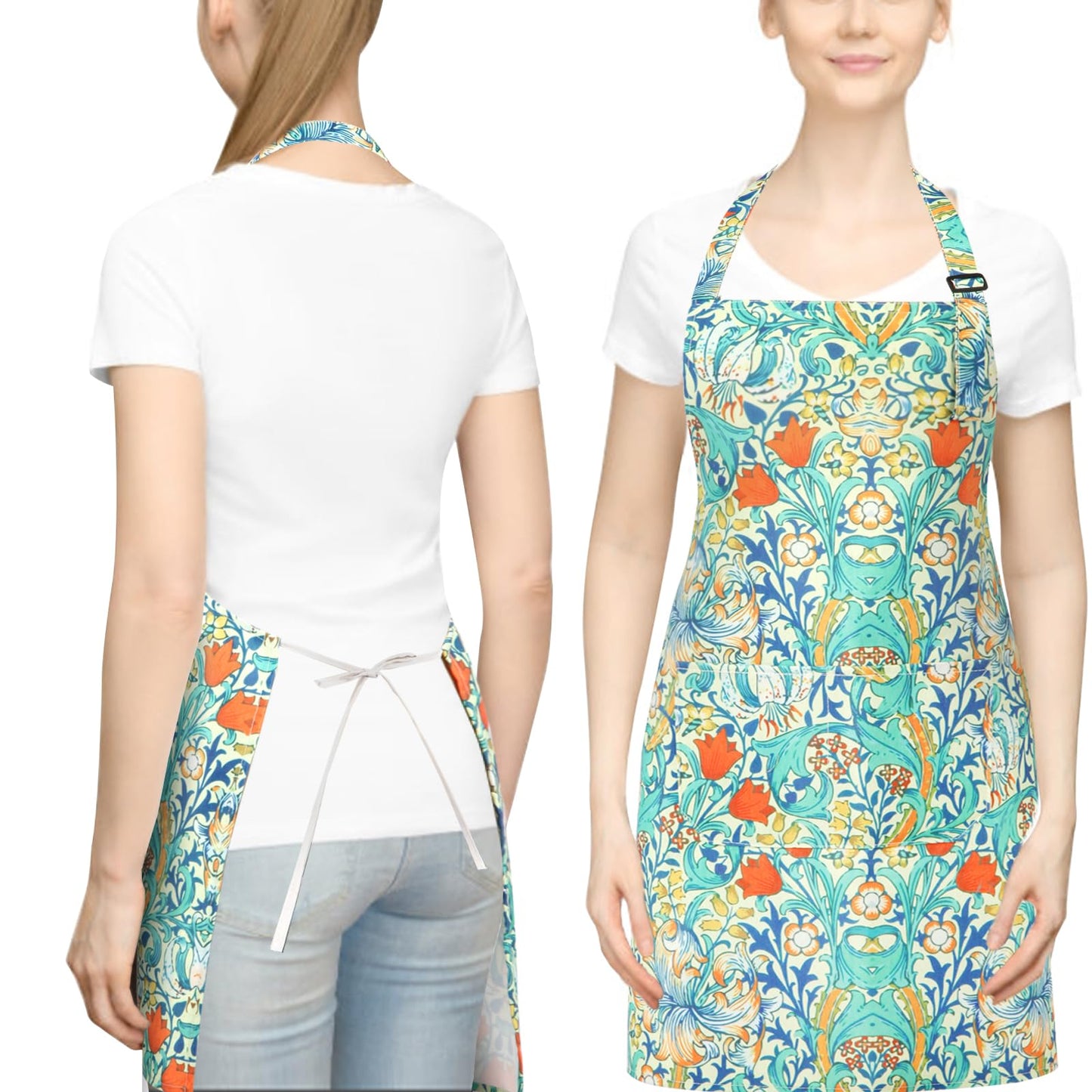 QuQuRuan Floral Apron for Women with Pockets Cotton Canvas Waterproof Apron Cooking Baking Painting Gift (Blue and Red)