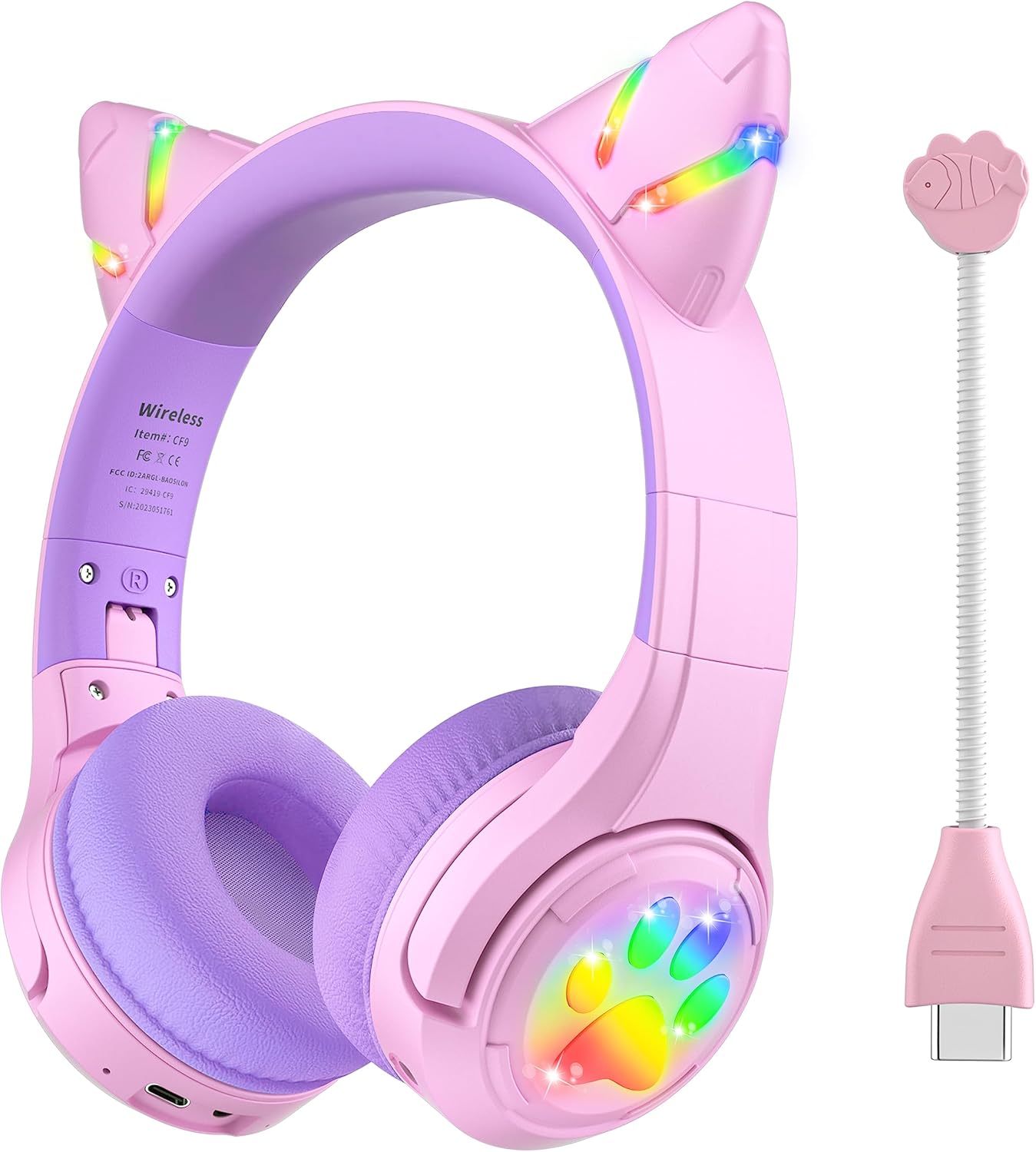 CF9 85dB Riwbox Cat Ear Kids Bluetooth Headphones with LED Light Up,Safe Volume Limit,Built-in Mic&Boom Mic