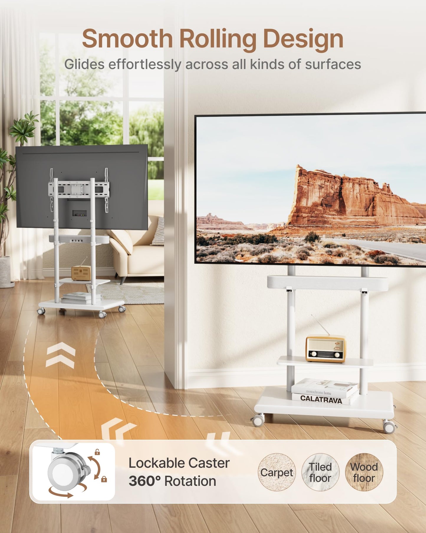 ECOTINY Steel Base Rolling TV Stand with Soundbar Mount for 37-75 inch TVs up to 154lbs, Swivel&Tilt Mobile TV Stand with Large Storage, Height Adjustable Heavy-Duty TV Cart, Max VESA 600x400mm, White