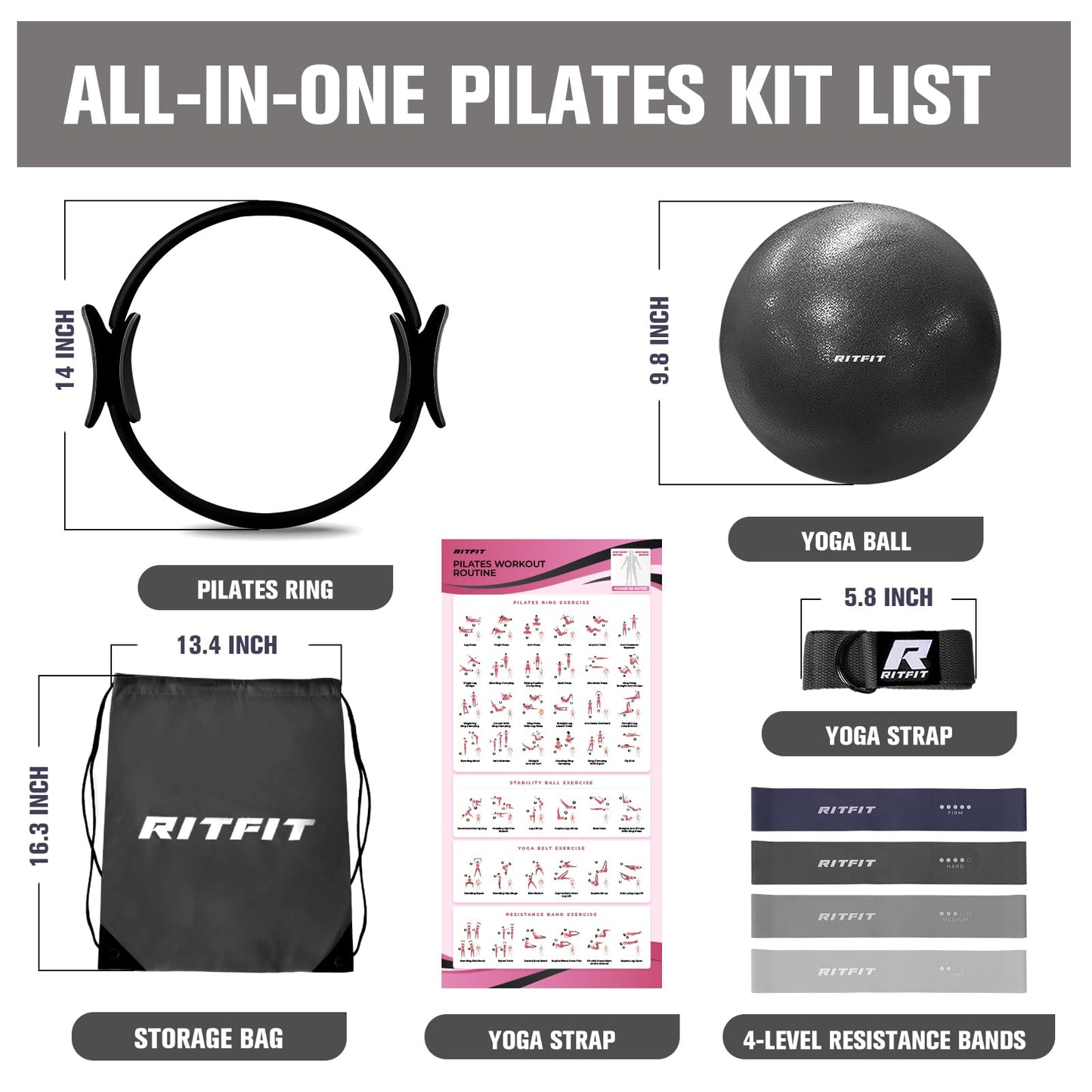 RitFit Pilates Kit - 14 Inch Pilates Ring Magic Circle with Pilates Ball, Resistance Bands & Yoga Strap, Pilates Equipment for Home Workout Toning Thighs, Arms and Core (Black)