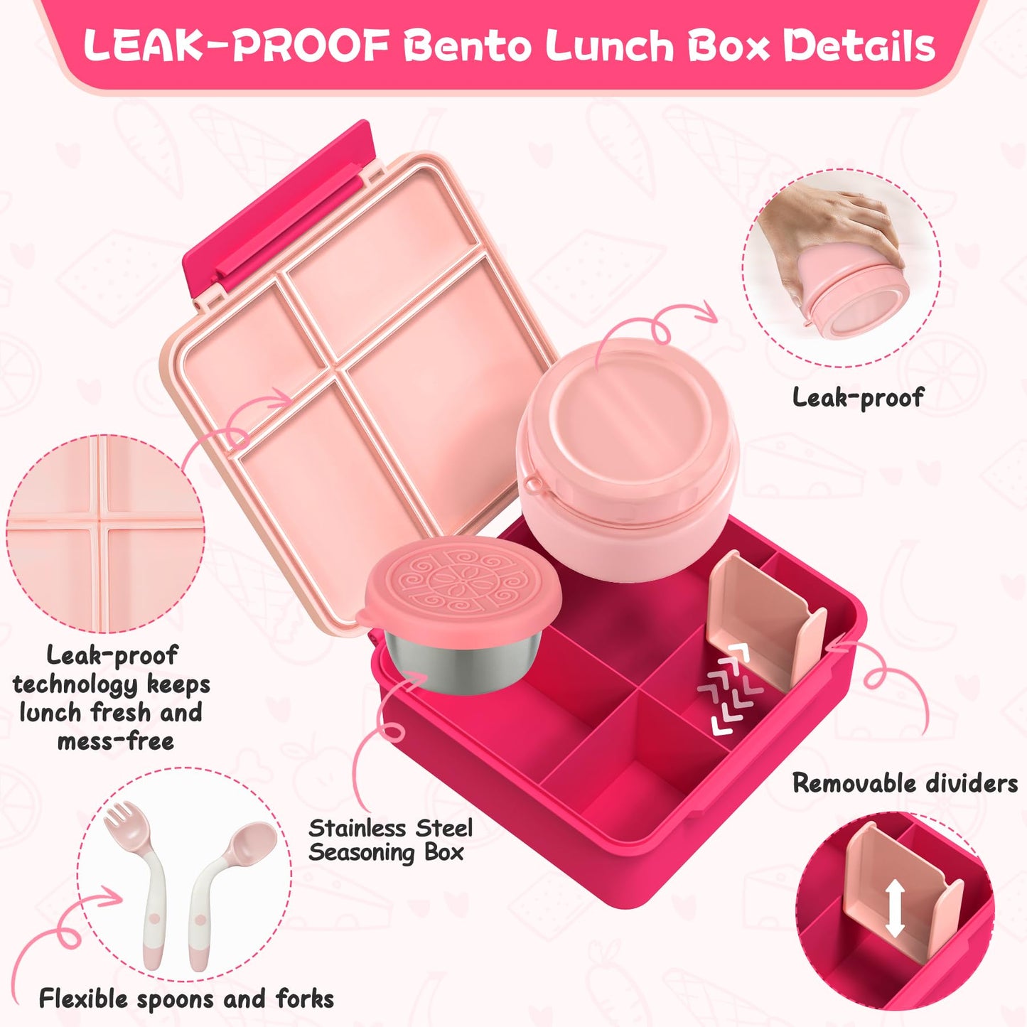 Aimsnk Kids Bento Lunch Box with 8oz Soup Thermo, Kids Leakproof Lunch Food Containers with 4 Compartment,Insulated Hot Food Jar with Lunch Bag for School, Travel (Pink)