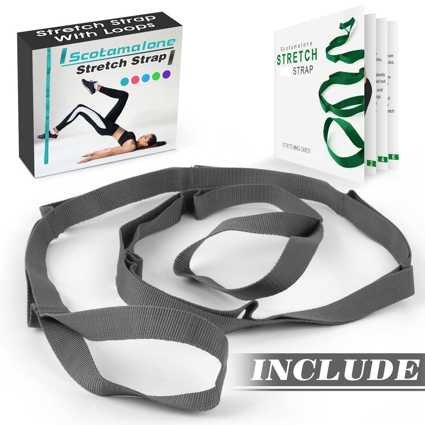 Stretch Strap Yoga Stretching Strap Physical Therapy Rehab Multi-Loop Strap Stretch Bands Nonelastic Exercise Strap for Pilates, Dance and Gymnastics with Instructional Guide (Grey)