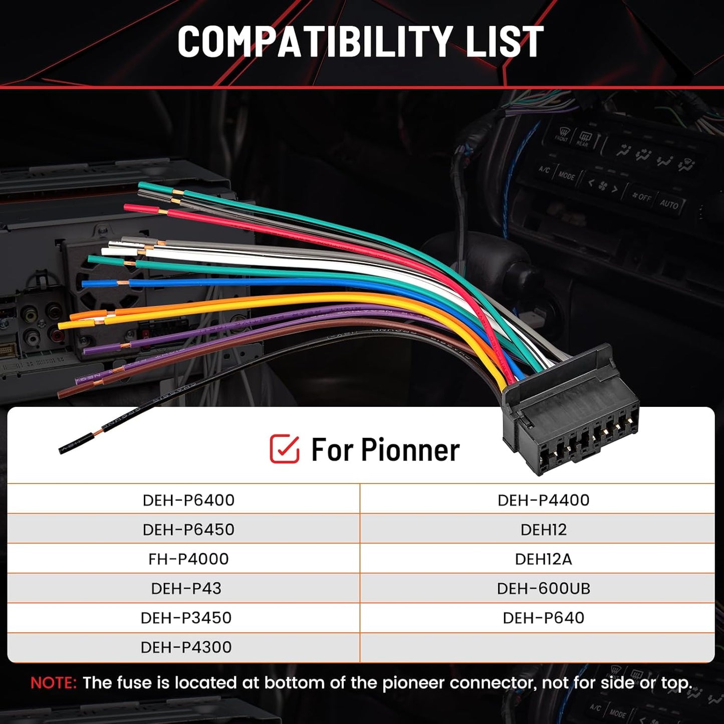 16-Pin DEH-P43 DEH-P3450 DEH12, DEH12A DEH-P6400 DEH-P6450 FH-P4000 DEH-600UB RED WOLF Stereo Wiring Harness Fit