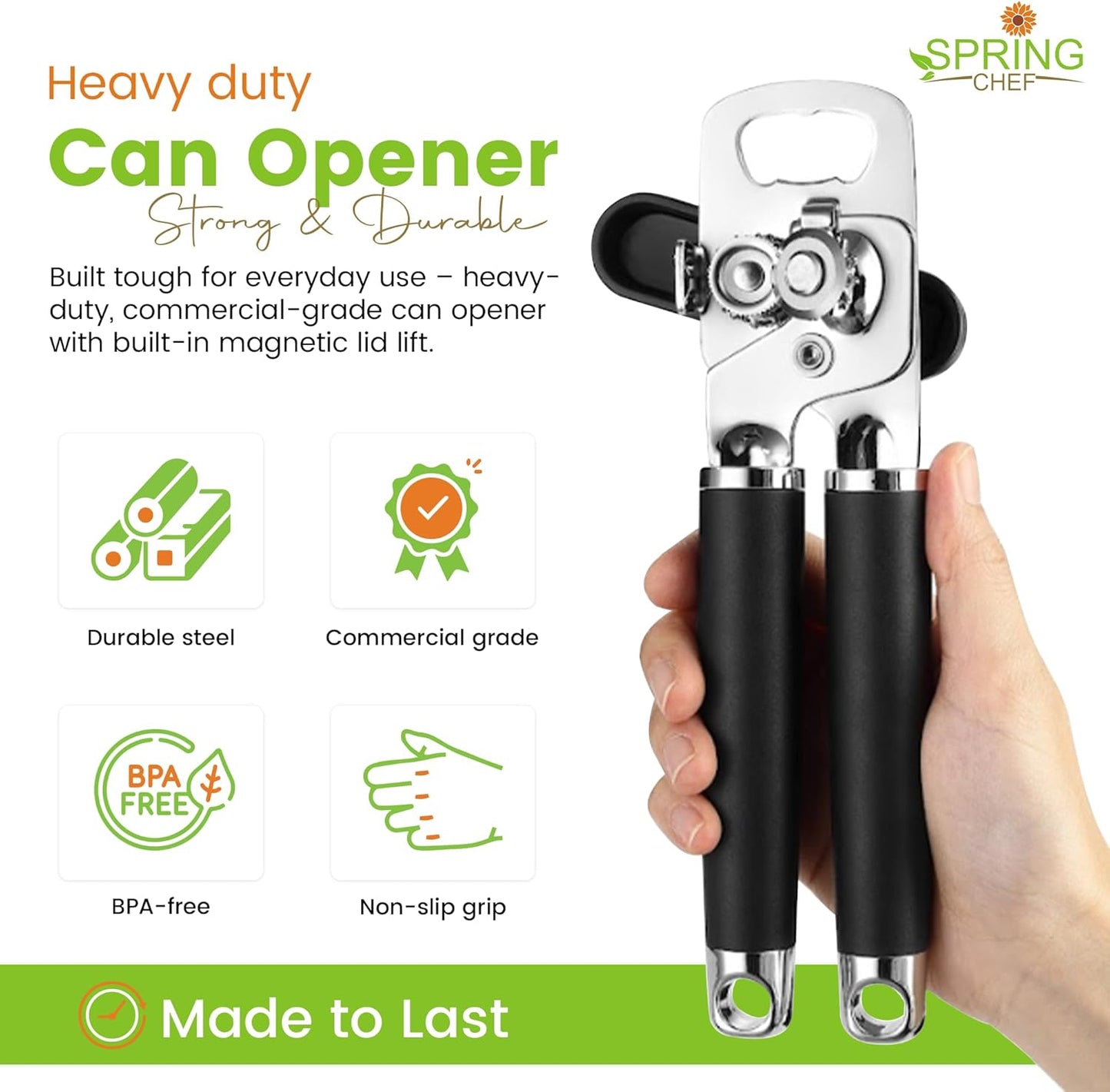 Spring Chef Stainless Steel Can Opener - Heavy Duty Manual with Soft Grip Handles & Magnetic Lid Remover - Black