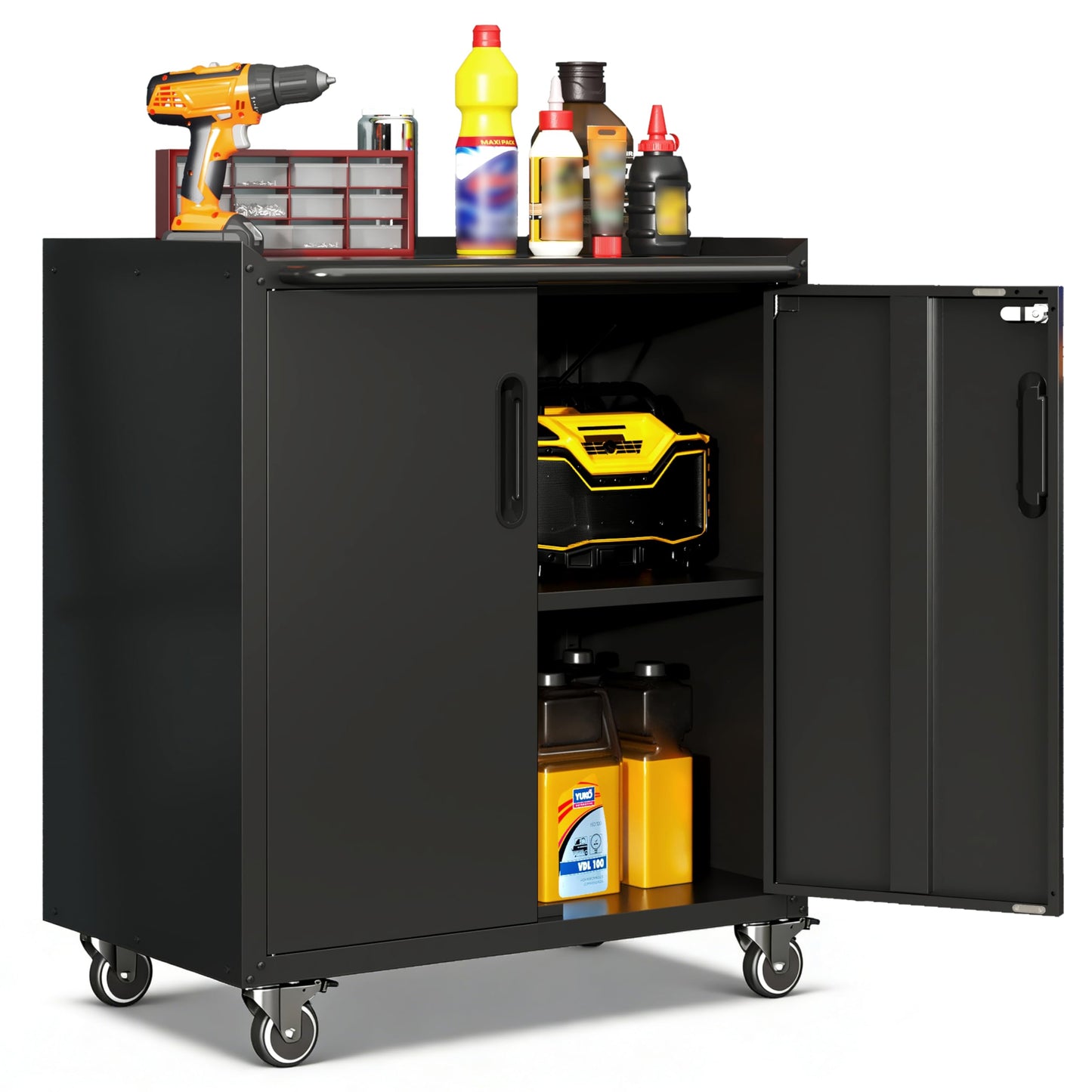 VIYET Garage Cabinets,Metal Garage Storage Cabinet with Wheels,Black Lockable Rolling Tool Cabinet with Drawer and Adjustable Shelves,Heavy Duty Tool Chest for Home Office Utility Room