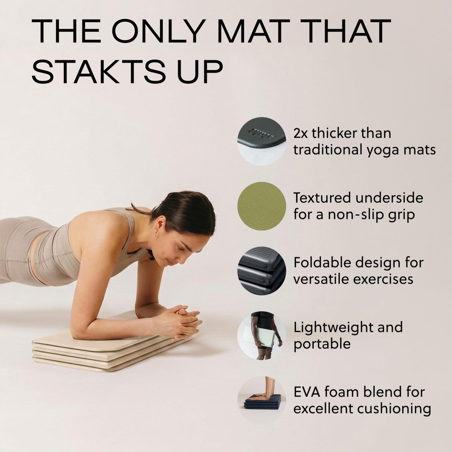 Stakt The Original Foldable Yoga Mat, Premium Foldable Exercise & Workout Mat with Non-Slip Surface, Lightweight Portable for Studio or Home Use, As Seen on Shark Tank - Dune