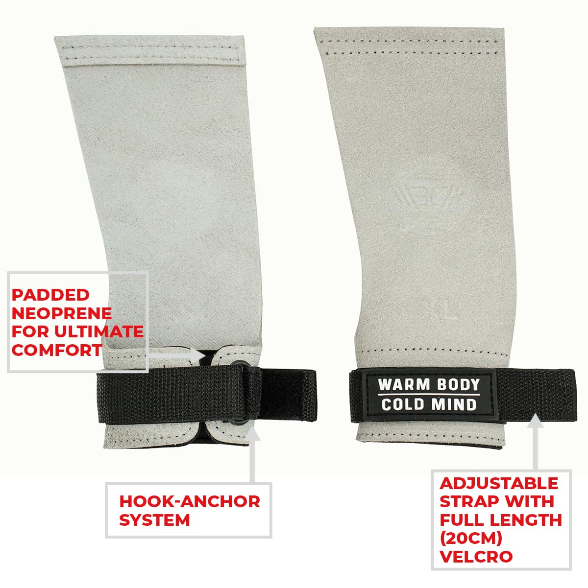 WARM BODY COLD MIND Leather Hand Grips - NO Holes for Weightlifting, Powerlifting, Gymnastics, Cross Training, Pull-Ups, Weight Lifting, Wrist and Palm Protection (White, L)