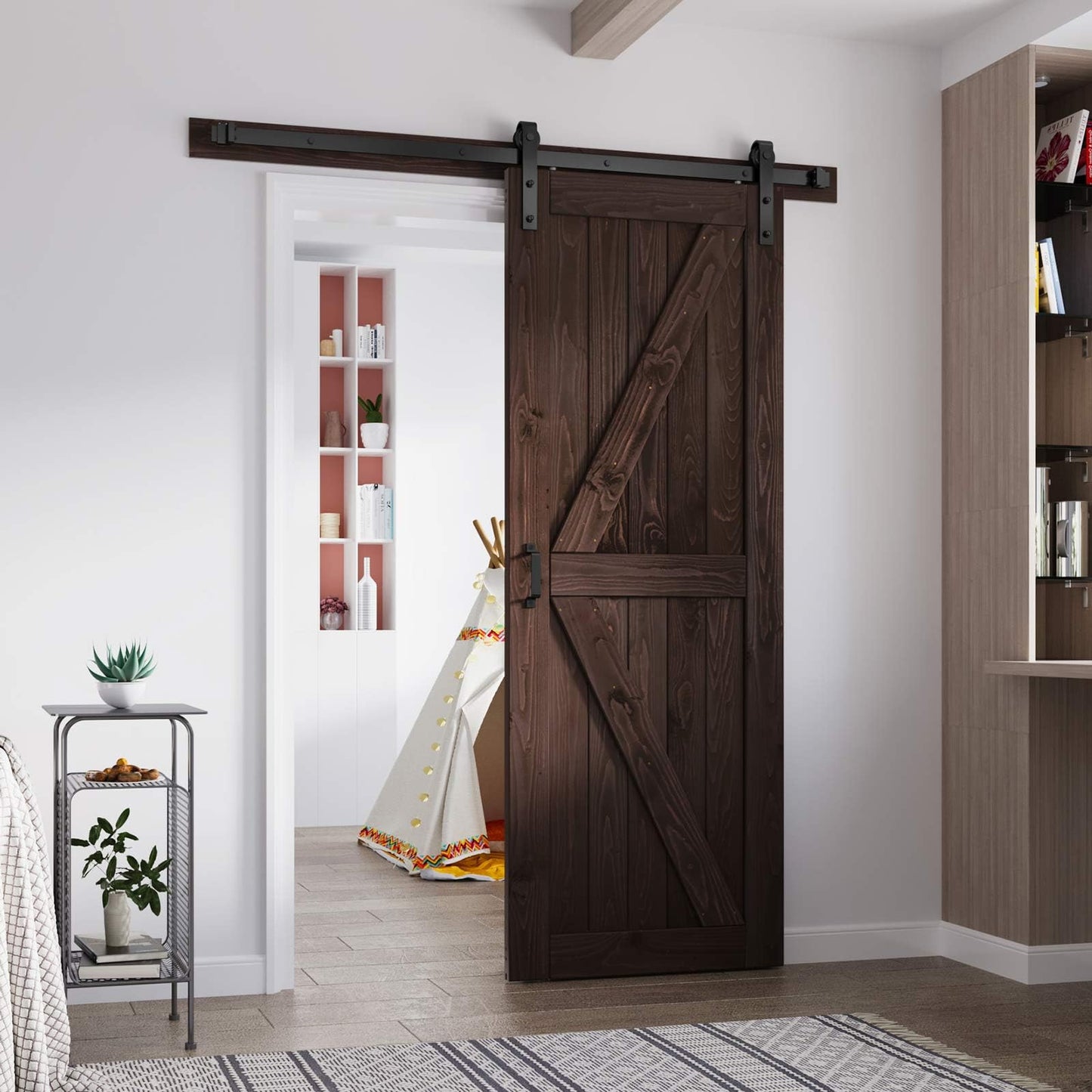FREDBECK 30in x 80in Brown Barn Door with 5ft (60inch) Barn Door Hardware Track Kit and Handle Included, Double Surfaces,Simple Assembly is Required,K-Frame,Coffee