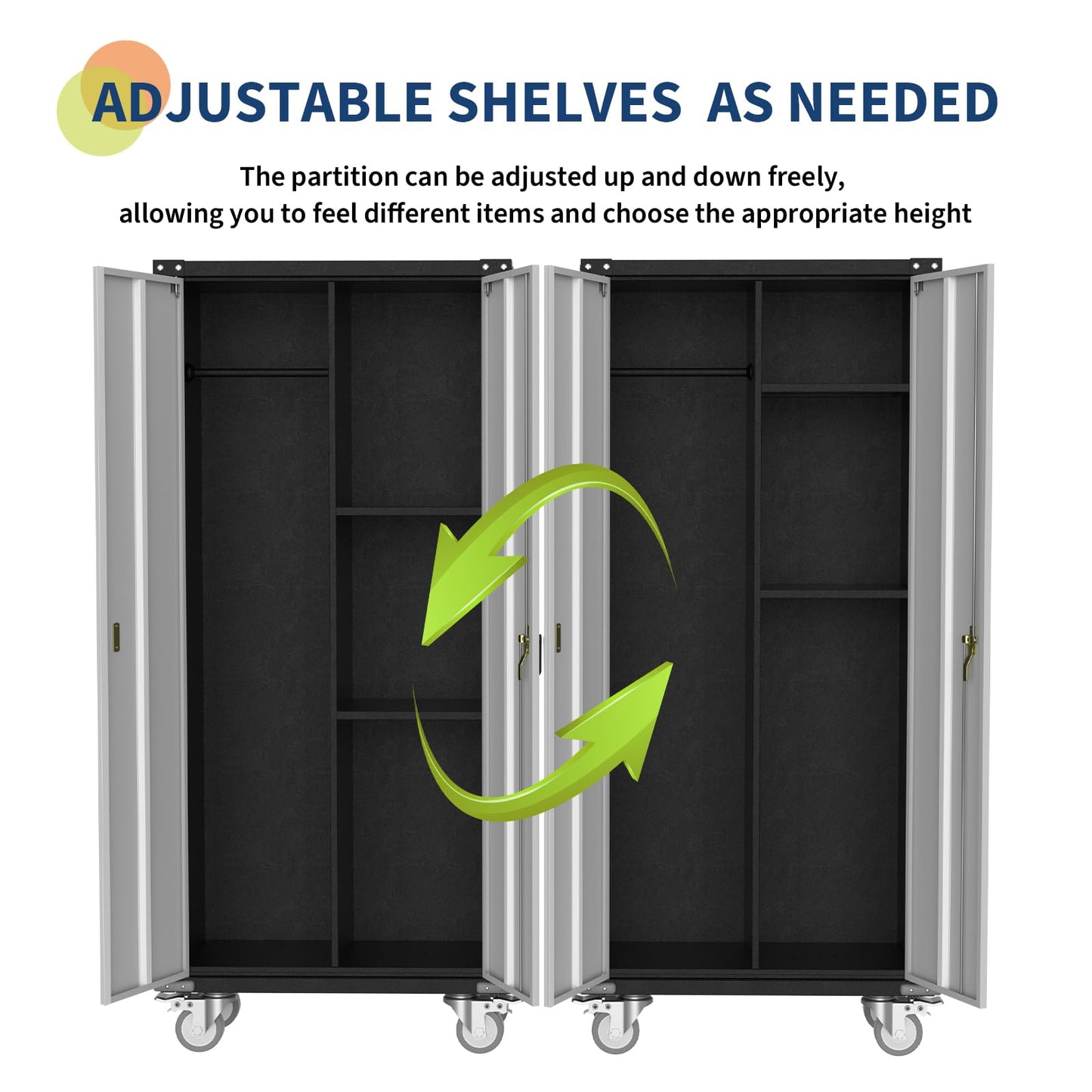 GarveeHome Metal Locker Storage Cabinet with Wheels 71" H with Doors and 2 Shelves Adjustable 4 Adjustable Feet for Home, Garage, Office, Shop