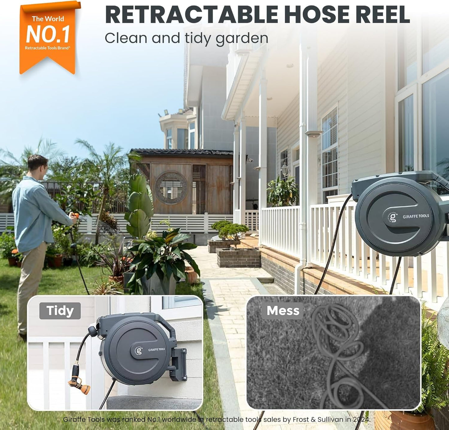 Giraffe Tools AW505/8 Retractable Garden Hose Reel 5/8" x 115+5 ft, Heavy Duty Wall Mounted Water Hose Reel Automatic Rewind, 180 Deg Swivel Bracket, Slow Retraction, 115ft, Dark Grey