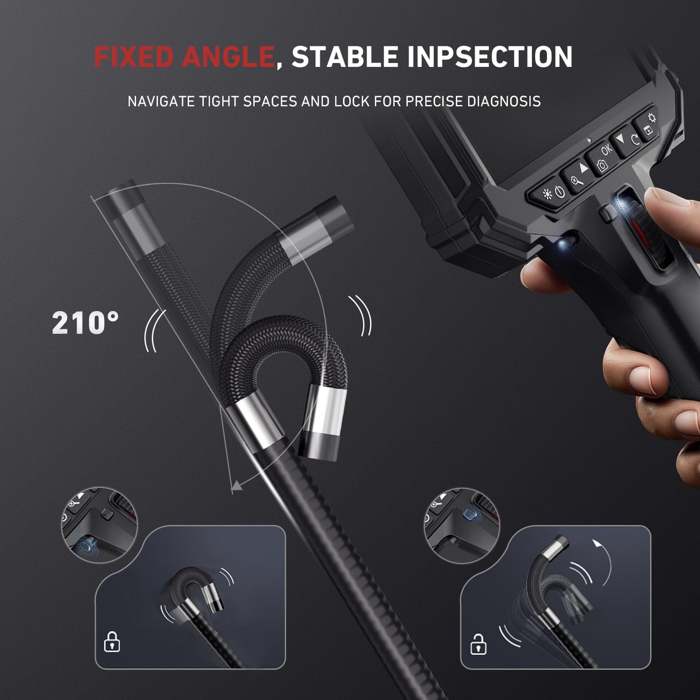 10FT Two-Way Articulating Borescope with 5" HD Screen, Industrial Endoscope Camera with Light, 0.33in Slim Probe Video Inspection for Automotive Engine, HVAC, Mechanics, Wall
