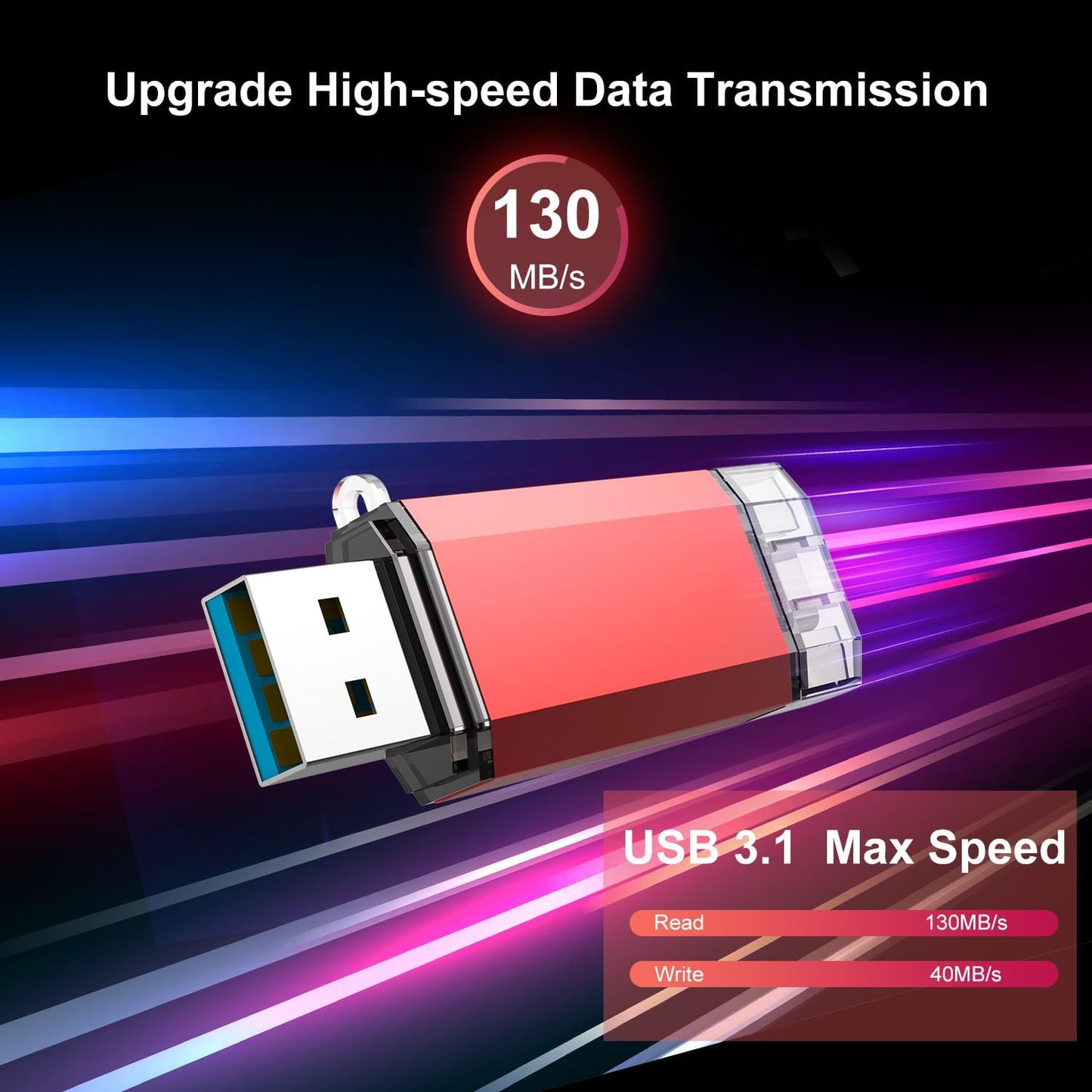 RAOYI 128GB 130MB/s, 2 1 3.1 USB C Flash Drive Upgraded in USB Type C Dual OTG Metal Thumb Drive Memory Stick