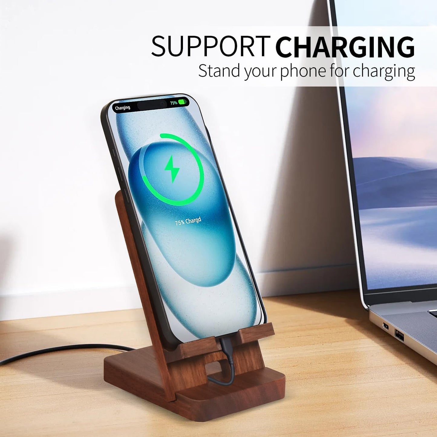 Abbolinxus Wood Phone Stand with Mirror, Desktop Wooden Phone Holder, Portable Office Phone Stand for Desk, Wood ipad