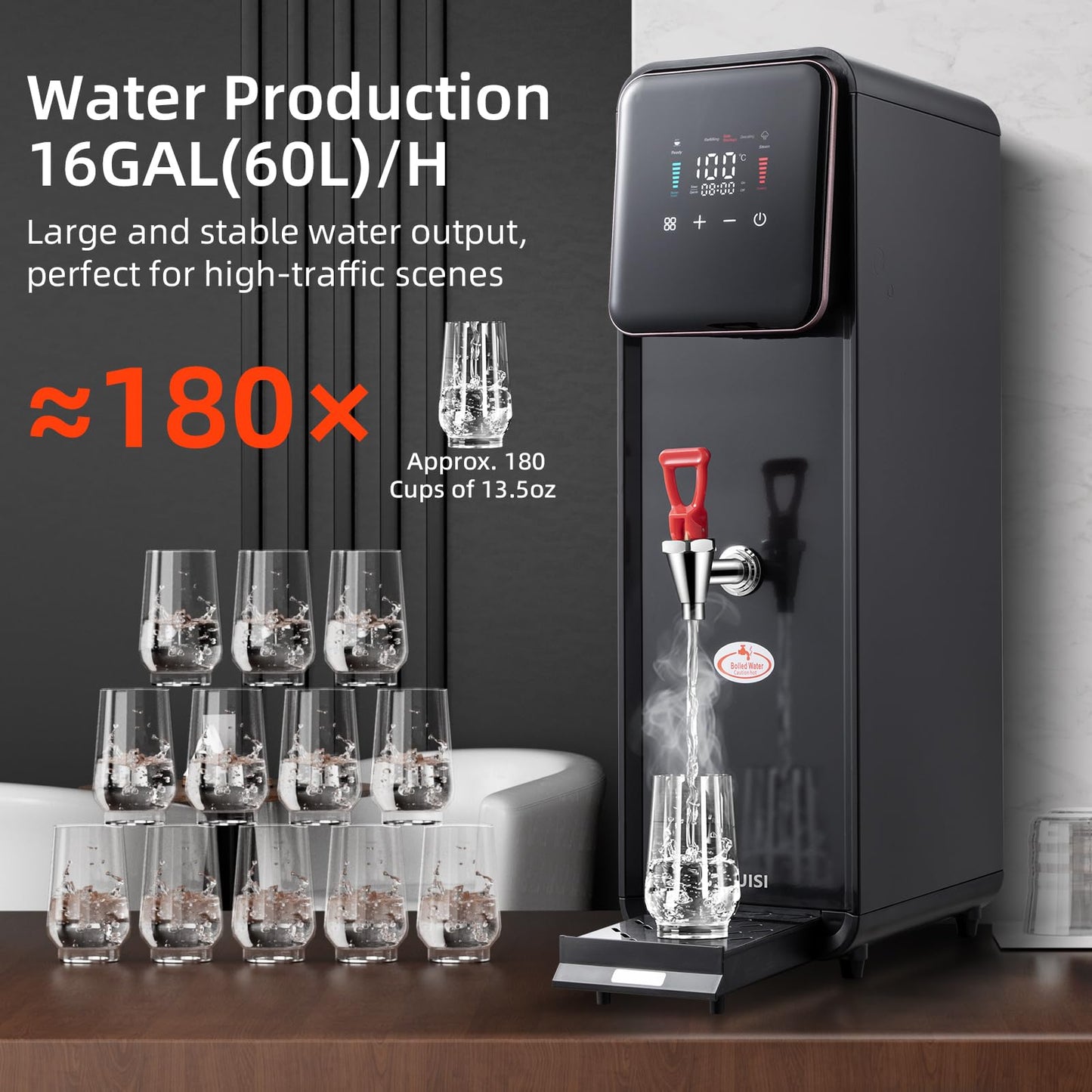 TERUISI 15L/4Gal Hot Water Dispenser, 1600W Commercial Hot Water Boiler, 60L(13Gal)/H Large Hot Beverage Dispenser with 304 Stainless Steel Inner, HD LED Screen for Hotels, Restaurants, Bars
