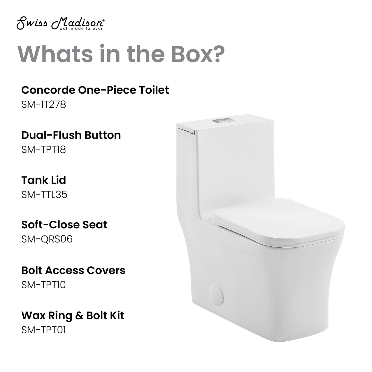 Swiss Madison Well Made Forever SM-1T278, Concorde One Piece Square Toilet Dual Flush 1.1/1.6 gpf with 10" Rough In