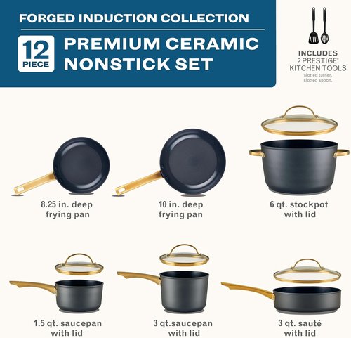 Farberware Forged Induction Ceramic Nonstick Cookware Set - 12 Piece, Dishwasher Safe, Black & Gold