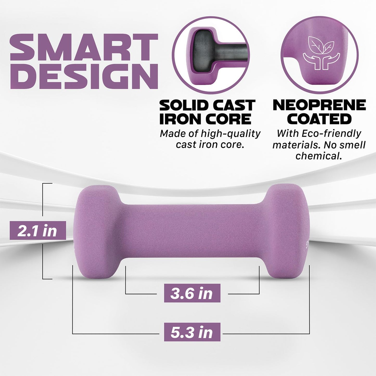 Yes4All Neoprene Coated Dumbbell Hand Weight Sets of 2 - Multiple Weight Options with 15 Colors, Anti-roll, Anti-Slip, Hexagon Shape, Purple, 2 lb Pair