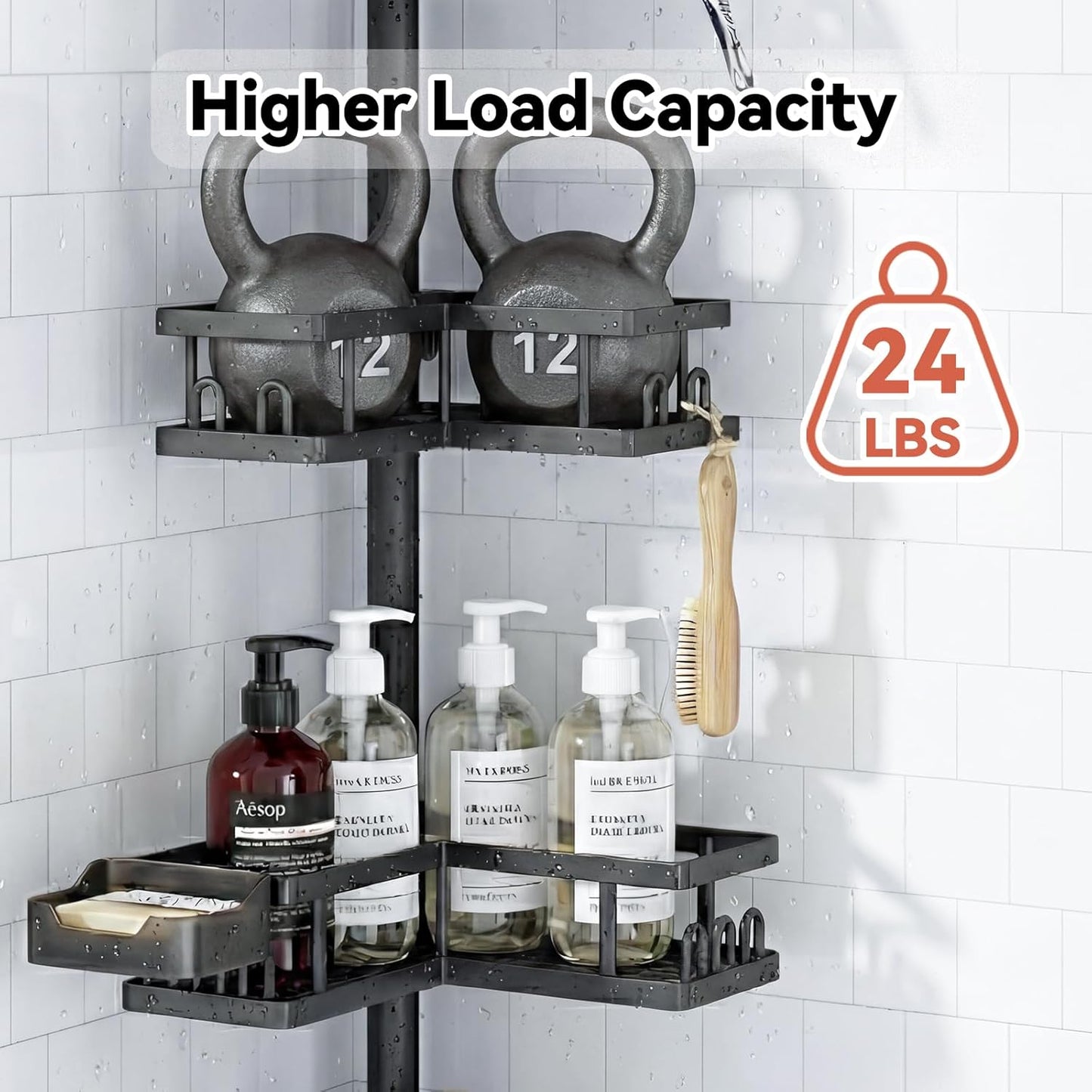 YASONIC Corner Shower Caddy - Adjustable Tension Pole Shelves, Rust-Resistant, No-Drill Installation | Black, 25.7-109.1in