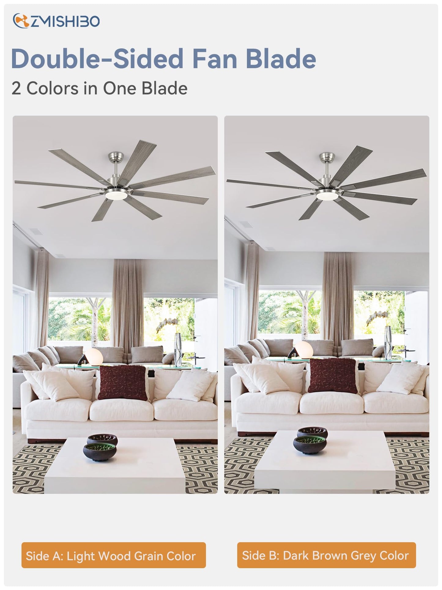 ZMISHIBO 72 inch Brushed Nickel Modern Ceiling Fans with Lights and Remote, Indoor/Outdoor Ceiling Fan for Living Room Patio, 6 Speed Reversible Quiet DC Motor, 3 CCT, Dual Finish Blades