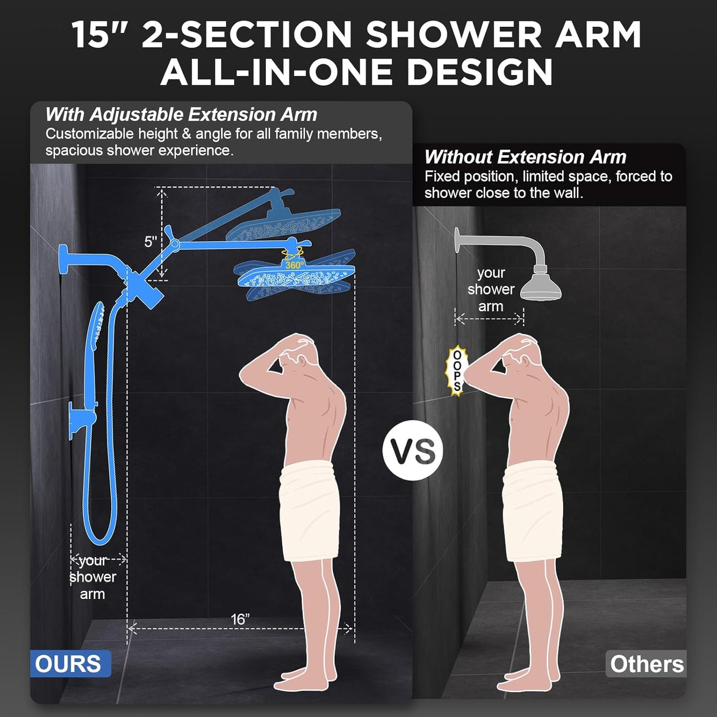 Veken Rain Shower Head - High Pressure Handheld Shower with Multi Spray Modes | 11.8" Matte Black