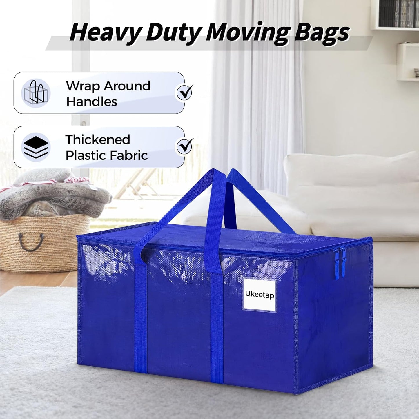 Skiennix Extra Large Heavy-Duty Moving Bags - 8 Pack with Reinforced Handles & Zippers | Blue Storage Totes for Clothes & College Supplies