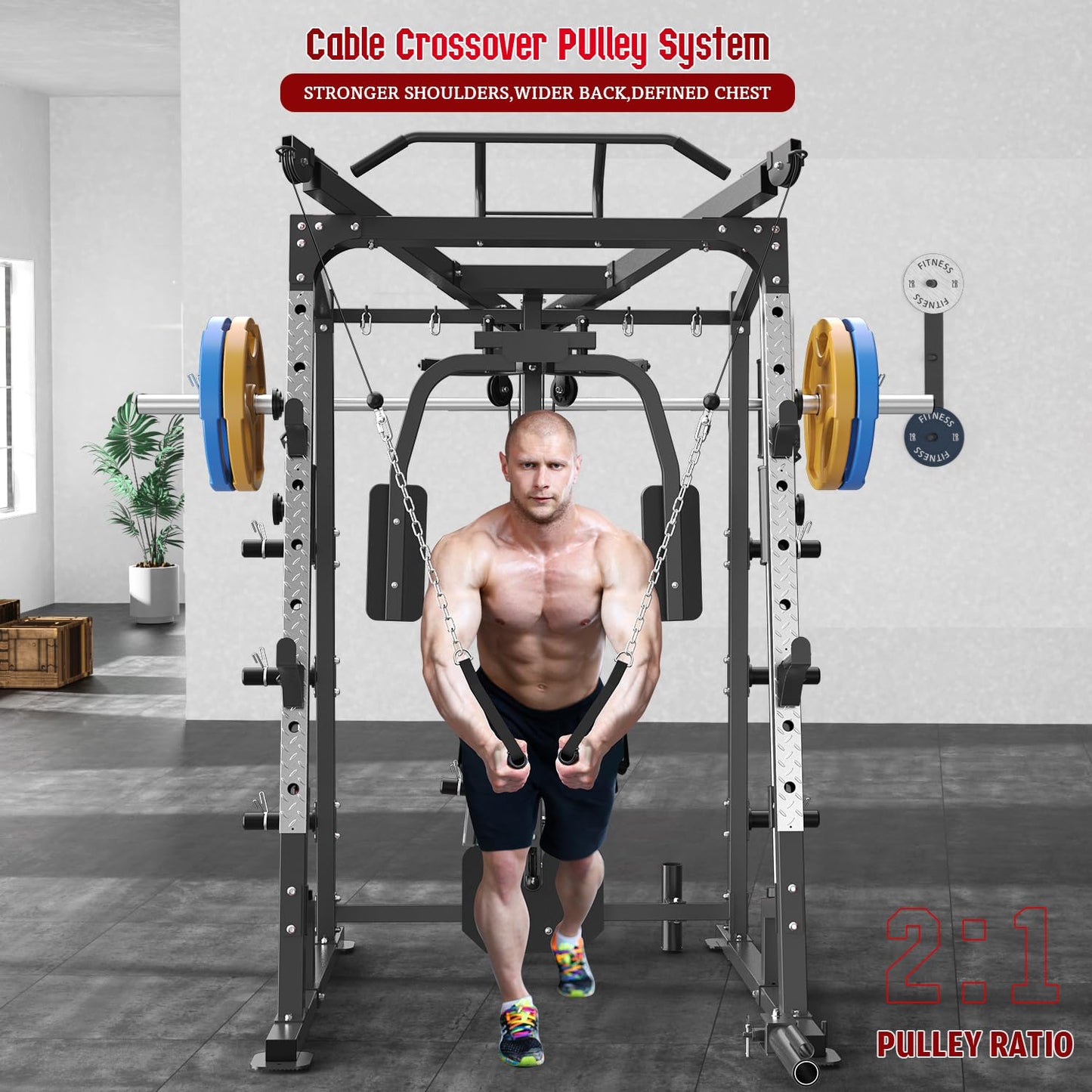 SunHome Smith Machine, Power Cage Squat Rack with Smith Bar, LAT Pull-Down Systems, Cable Crossover Machine and Cable Attachment for Home Gym