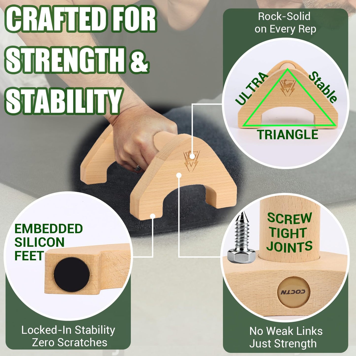 Wooden Push Up Bars, 2 PCS Solid Beech Wooden Parallettes with Embedded Non-slip Feet & Training Poster for Floor, Push Up Stands for Men Strength Training, Planks, Calisthenics & Home Gym Workout