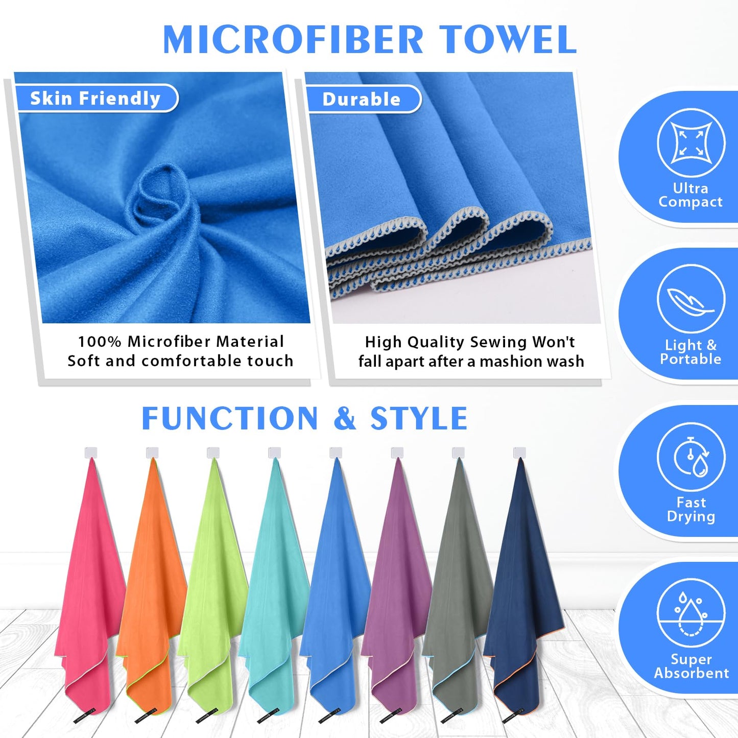 HOEAAS 2 Pack Microfiber Camping Towels, Quick Dry Towel, Super Absorbent Ultra Compact Travel Towel Soft Lightweight Sports Towel for Sweat Fast Drying Towels for Pool,Gym,Hiking,Backpacking,Fitness