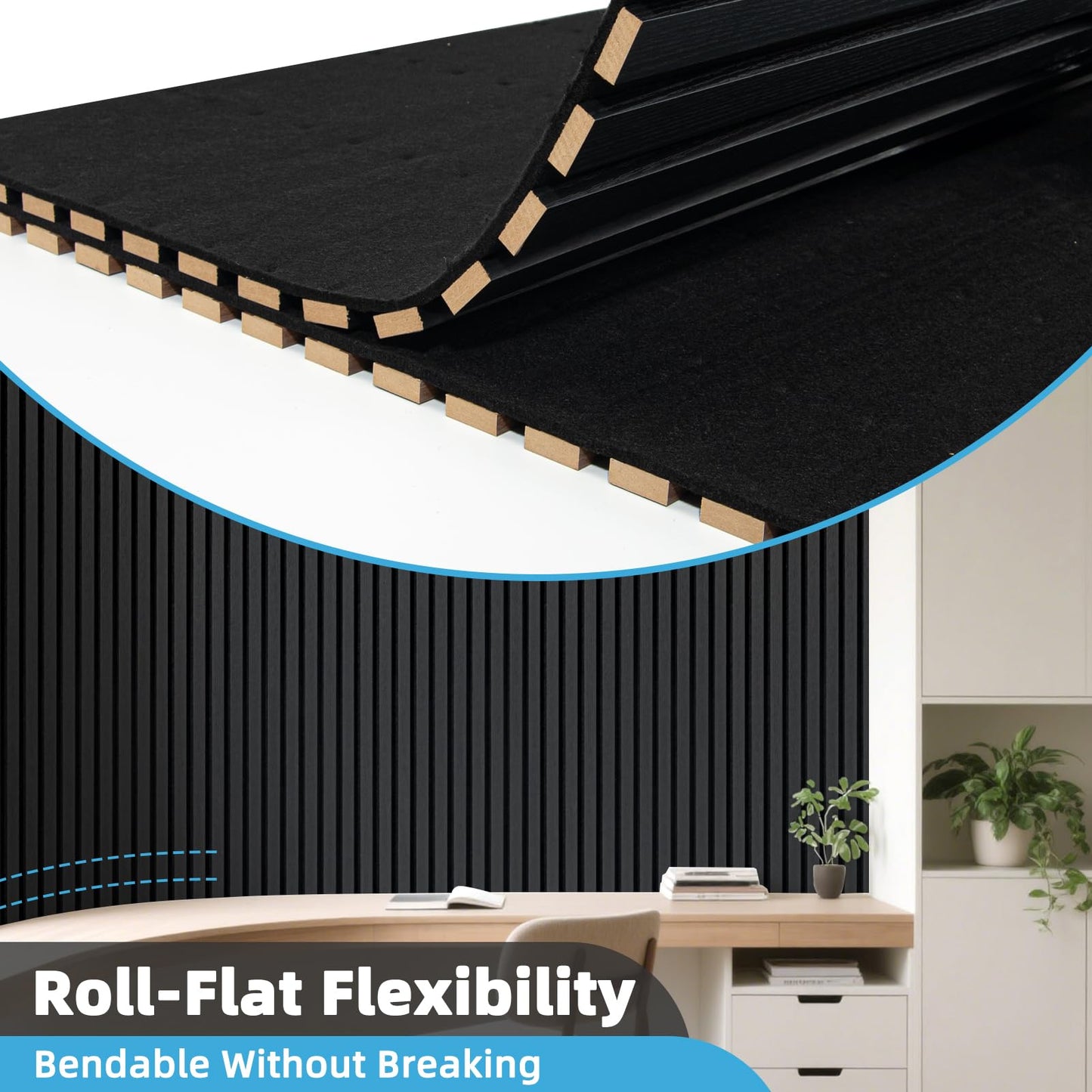 Art3d 1-Pack Acoustic Wood Slat Wall Panel with Roll-Flat Design - 95.3 x 23.8 Inch Sound Absorbing Panels for Living Room Columns Corridor Curved Wall Decor, Blackwood