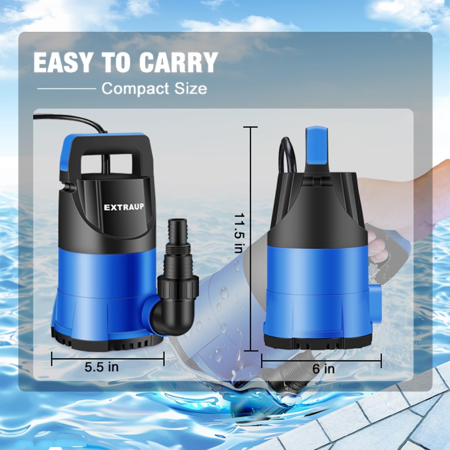 EXTRAUP Sump Pump 1HP Clean/Dirty Submersible Water Pump, Electric Thermoplastic Portable Utility Pump 3900 GPH low suction for Swimming Pool Garden Pond Basement Window Wells with 16.4ft Power Cord