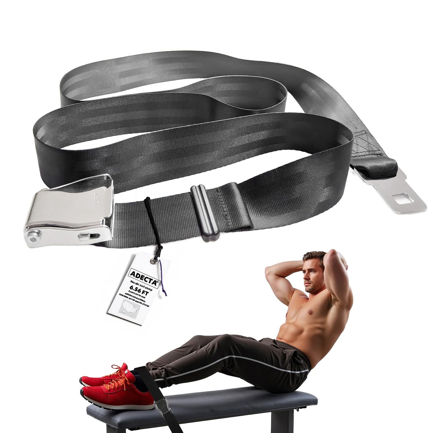 ADECTA Nordic Hamstring Curl Strap, 6.5FT Gym Seatbelt and Exercise Straps for Hamstring Stretch Strap & Mobilization Belt,Home Gym Women Men, Lifting Seatbelt Gym, Black (Silver gray)