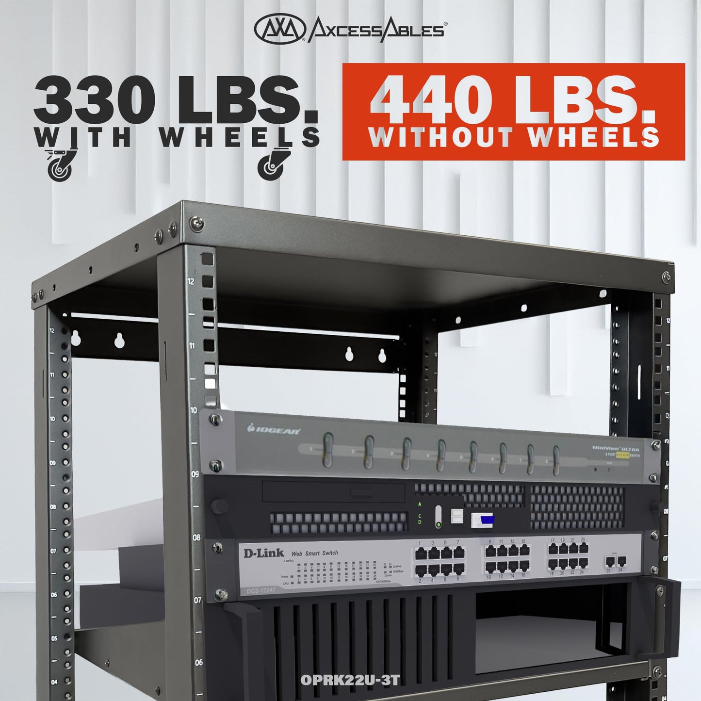 AxcessAbles 22U Open Frame Network & AV Rack with Caster Wheels, Three 2U Shelves, 10-32 & Cage Nut Compatible Rails, Cage Nuts, Screws, Cage Nut Tool & Wall Mount Kit | 19-Inch Equipment Rack