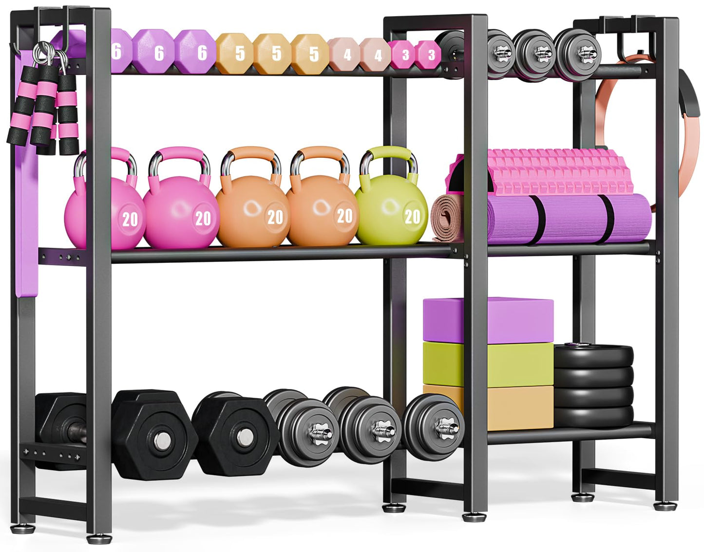 800LBS Capacity Multifunctional Home Gym Storage Rack with Side Hooks, Heavy Duty Adjustable Weight Storage Rack for Dumbbells Kettlebells Yoga Mat, Space Saving Workout Equipment Storage Organizer