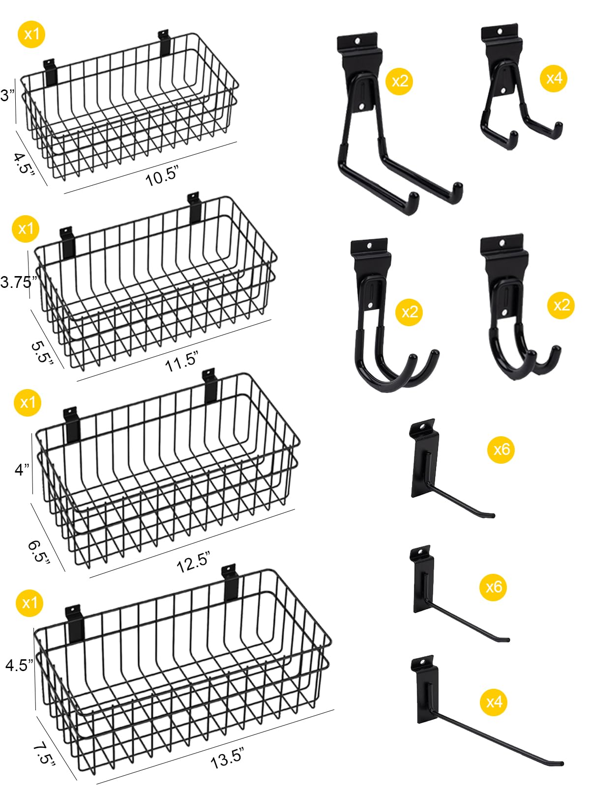 Slatwall Accessories 30 Pcs Slatwall Hook Slat Wall Hanging Hook Garage, Slat Wall Accessory Includes 4 Pack Slatwall Baskets Set and 26 PCS Multisized Heavy Duty Slatwall Hooks