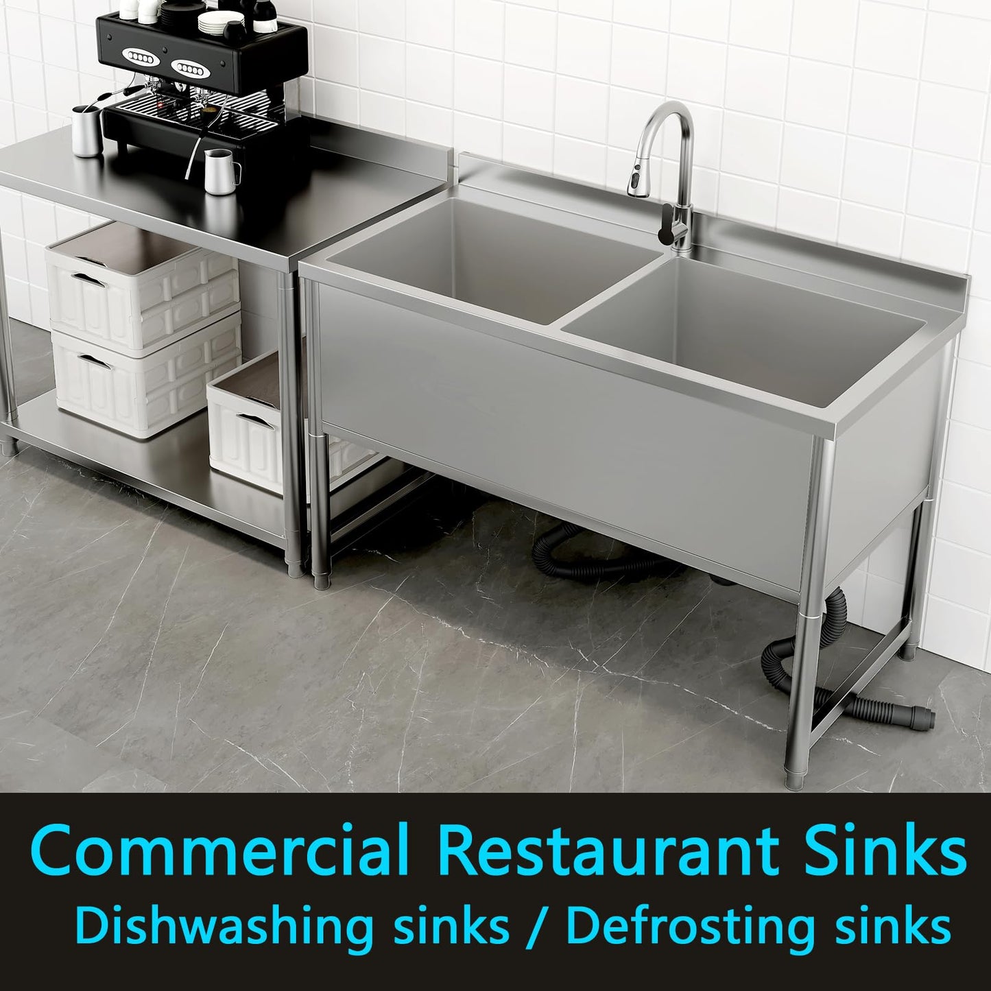 47" Stainless Steel Commercial Sink 2 Bowl Freestanding Kitchen Sink with Pull-out Faucet, Large Utility Sink for Kitchen, Dishwashing, Thawing, Laundry Room, Garage, Outdoor, Total Capacity 50 Gallon