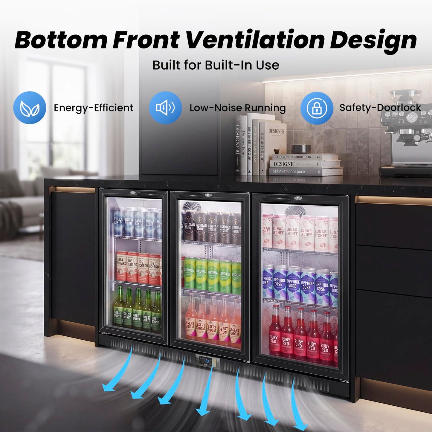53.15" W Commercial Under Counter Beverage Refrigerator, 3 Glass Door Back Bar Cooler, Built-in/Freestanding 12Cuft Drink Fridge with LED Light, Auto Defrost, Low-E Glass & Safety Lock, Rebound door